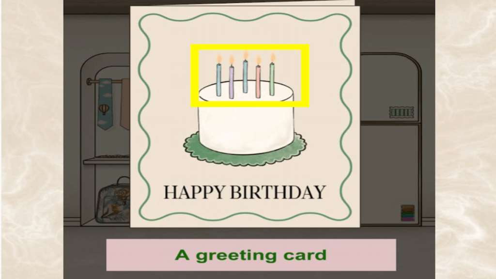 Greeting card candles clue in Closet Bacon HIS Escape Room