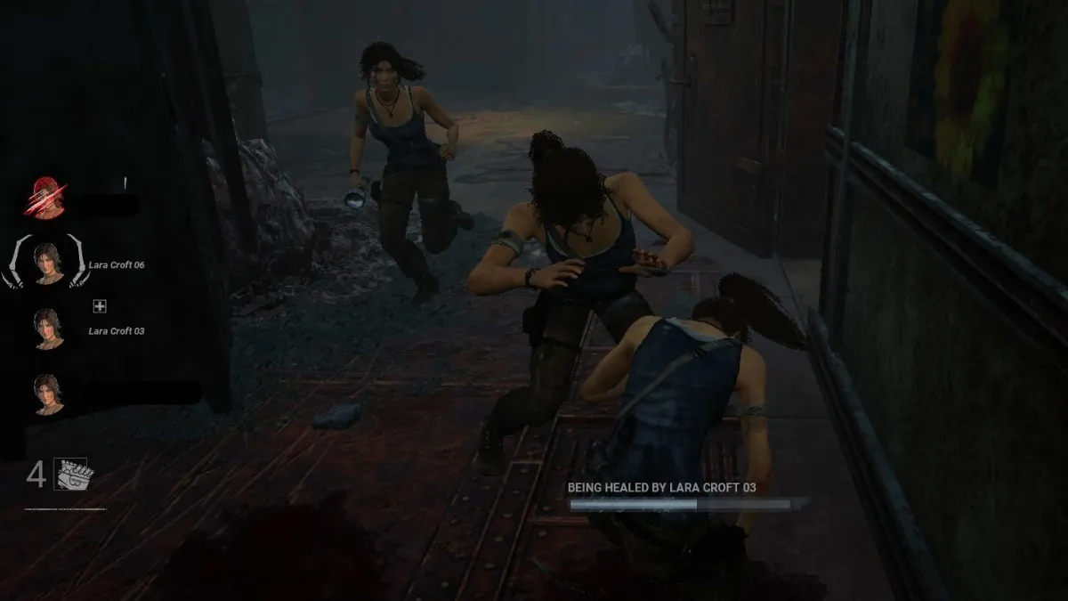 Lara Croft being healed by Lara Croft bots in Dead by Daylight