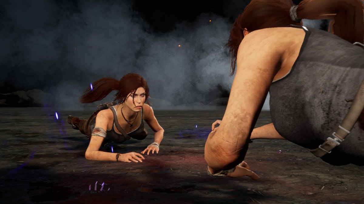 Lara Croft crawling on the floor in Dead by Daylight
