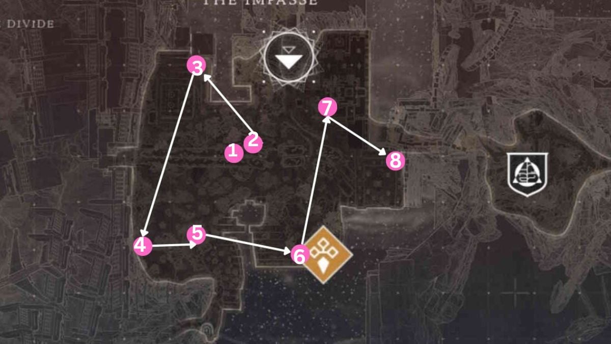 The Impasse map showing feather locations on Destiny 2