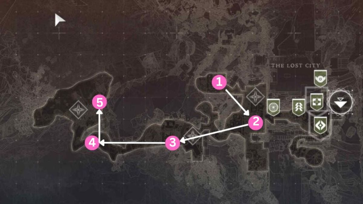 The Lost City feather locations map in Destiny 2