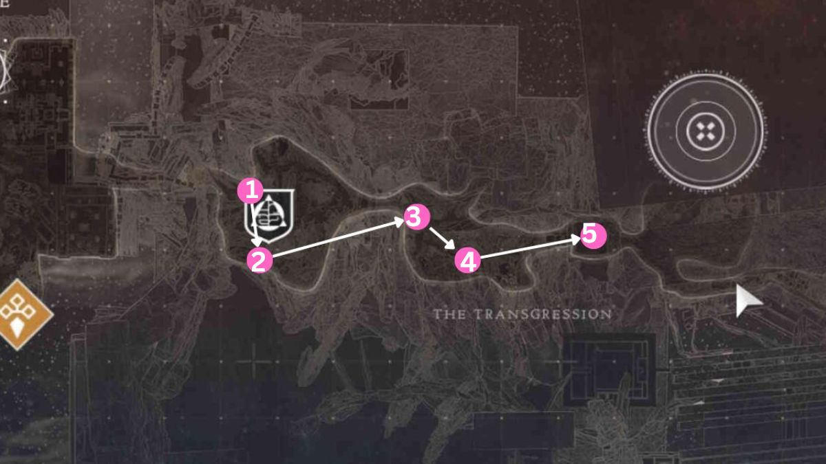 The Transgression map showing feather locations on Destiny 2
