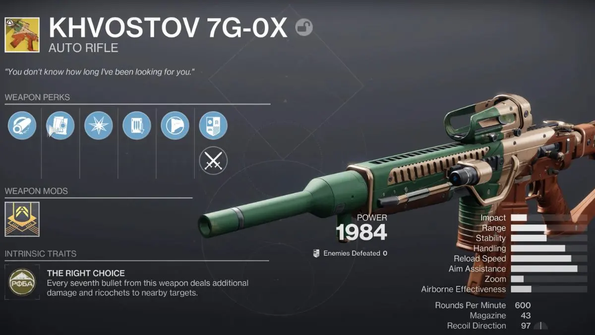 Khvostov 7G-0X auto rifle details in Destiny 2 The Final Shape