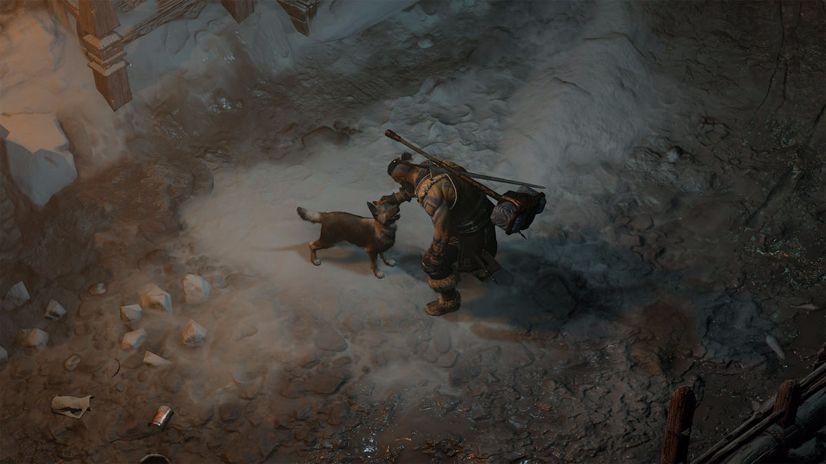 Barbarian petting a dog in Diablo 4
