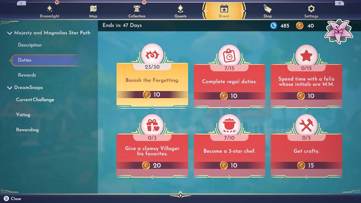 Majesty and Magnolias Star Path tasks in Disney Dreamlight Valley. 