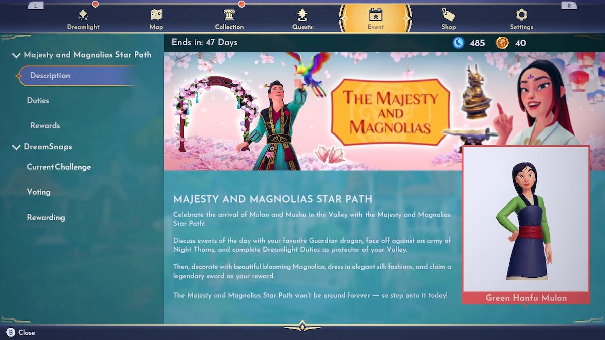 The introduction to the Majesty and Magnolias Star Path in Disney Dreamlight Valley. 