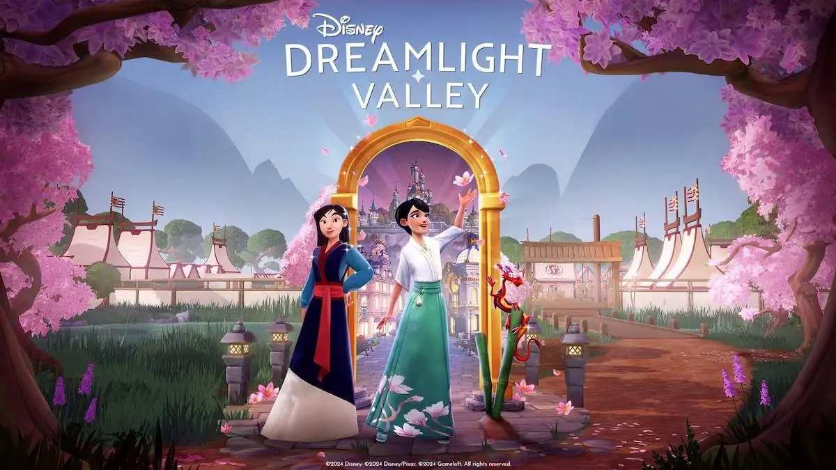 A fem-presenting avatar from Disney Dreamlight Valley standing with Mulan and Mushu.
