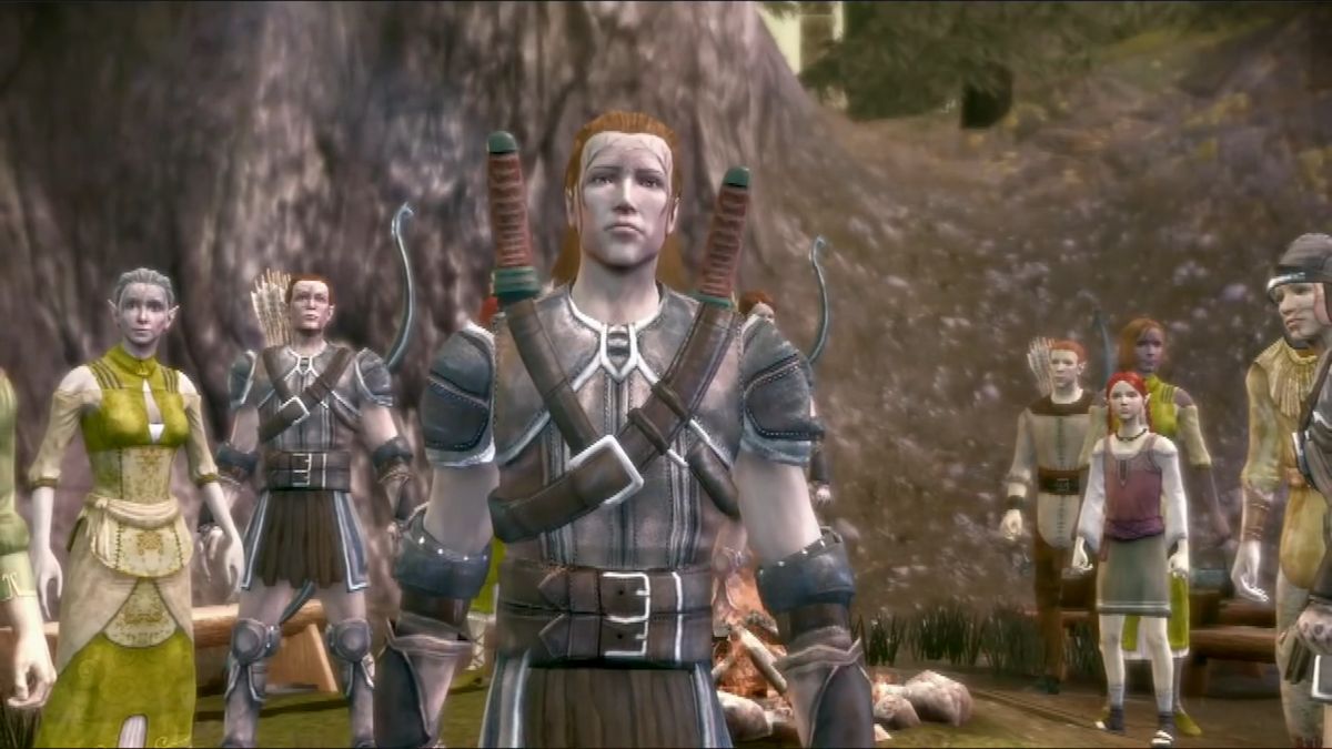 A Dalish elf warrior leaving his home in the Dalish Origins trailer for Dragon Age: Origins