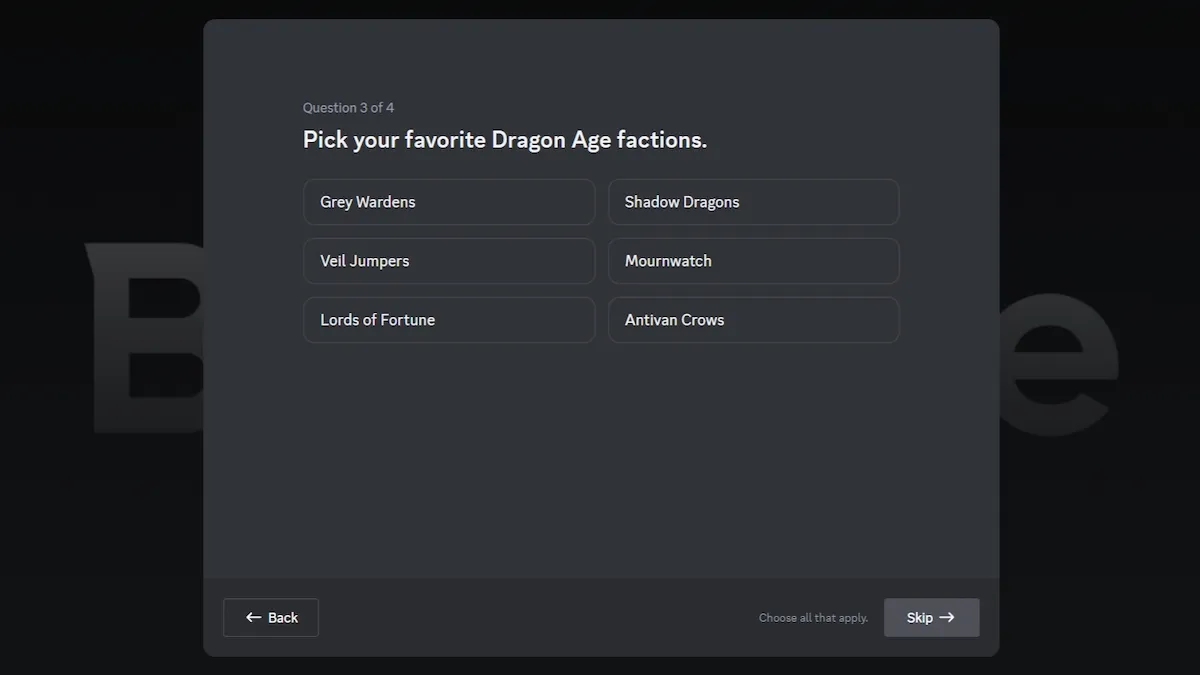 The list of Dragon Age: The Veilguard factions from BioWare's official Discord channel.