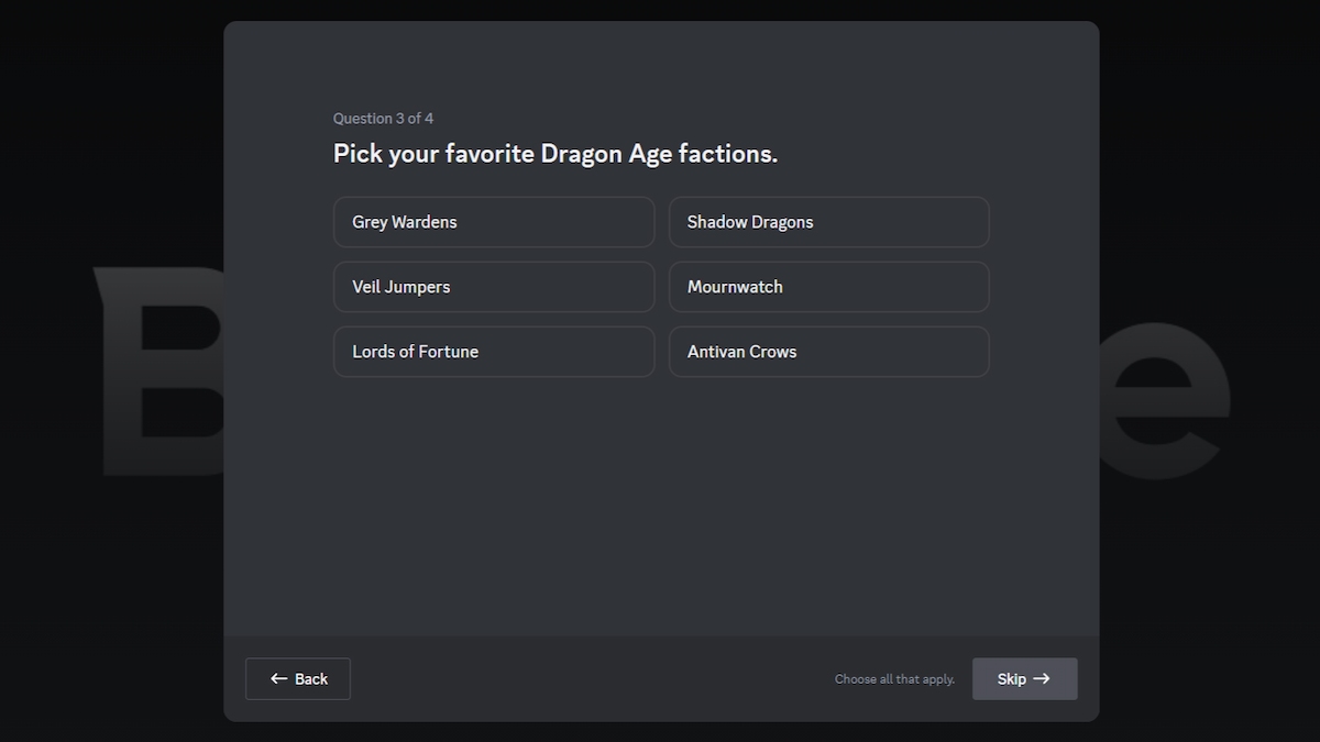 The list of Dragon Age: The Veilguard factions from BioWare’s official Discord channel.