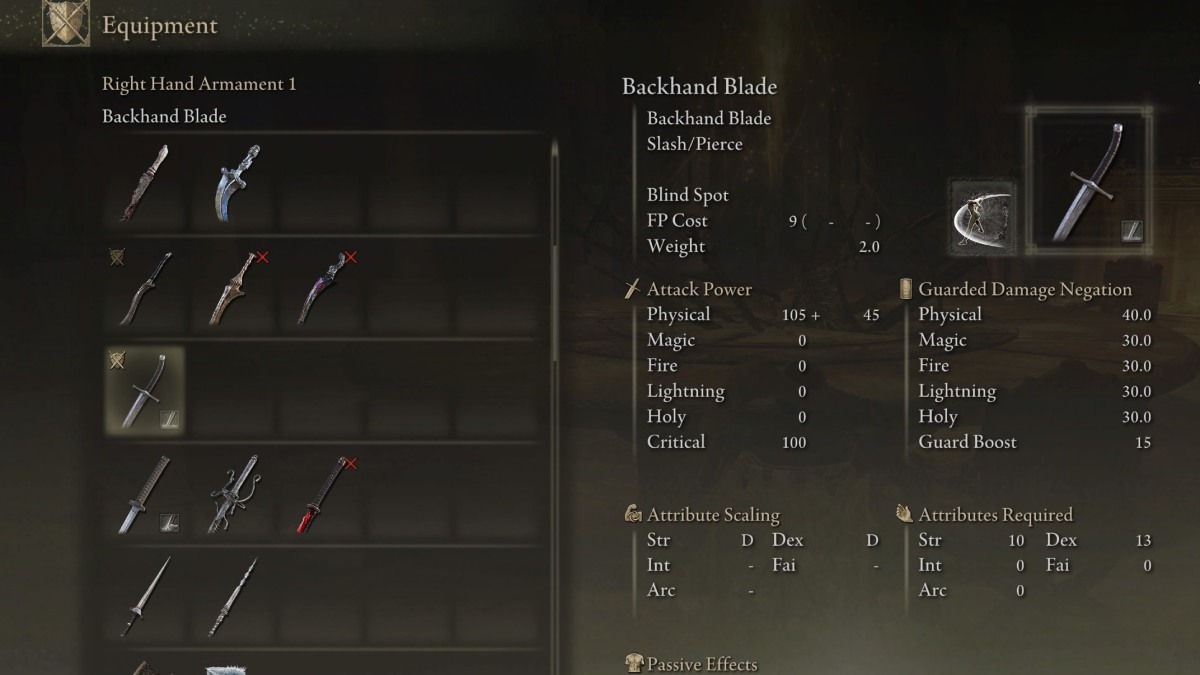 Backhand Blade details in Elden Ring