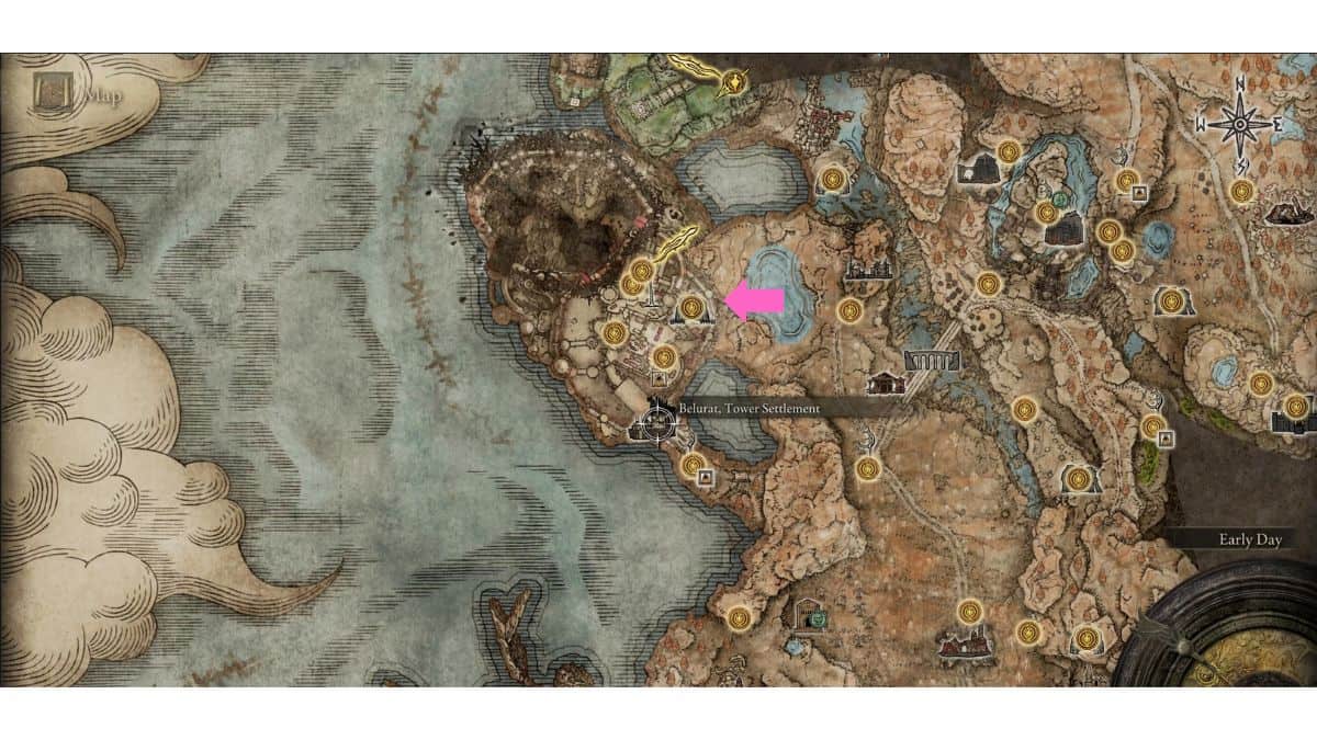 The Elden Ring map showing the location of the Demihuman Swordmaster Onze boss