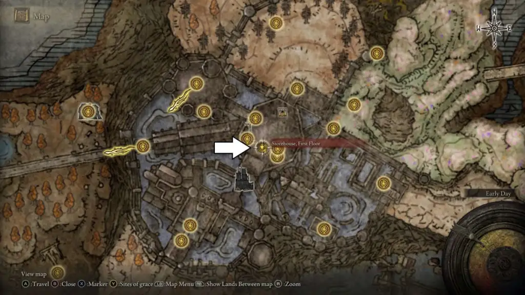 A map showing the Storehouse Grace in the DLC for Elden Ring.