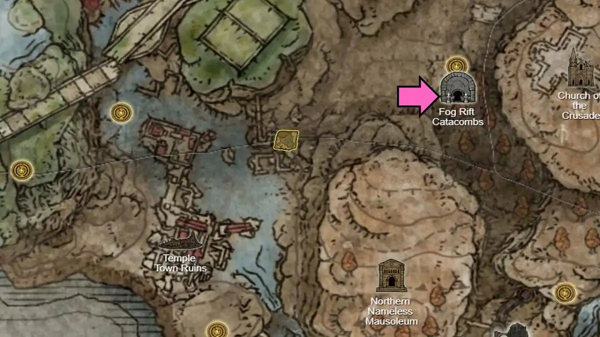 The location of the Mist Rift Catacombs on the in-game map of Elden Ring