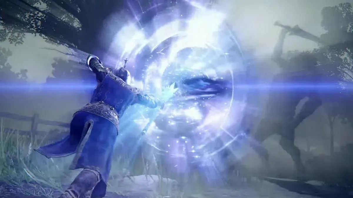 The Tarnished using a magic spell on enemies