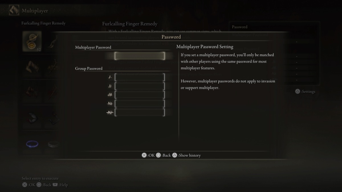 The multiplayer password settings in Elden Ring