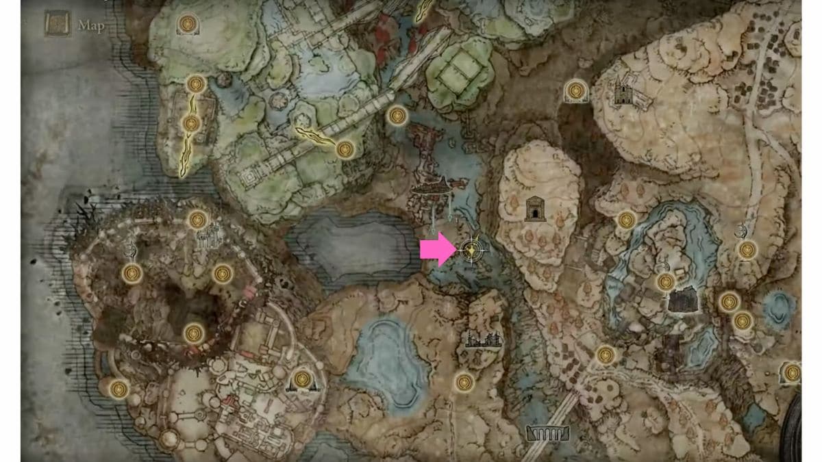 The map in Elden Ring showing the location of Rivermouth Cave