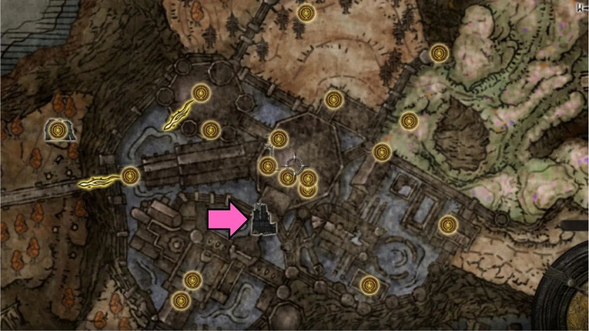 The location of the Shadow Keep Main Gate show on the in-game map in Elden Ring Shadow of the Erdtree