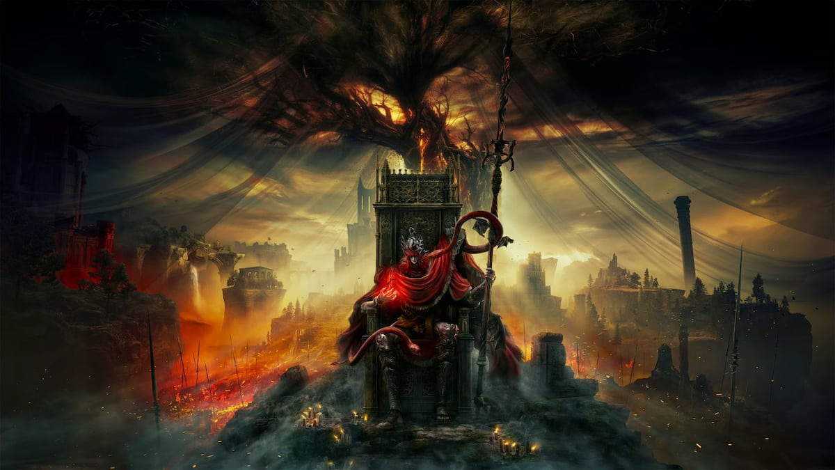 The Tarnished player character sitting in a throne in front of the Erdtree.