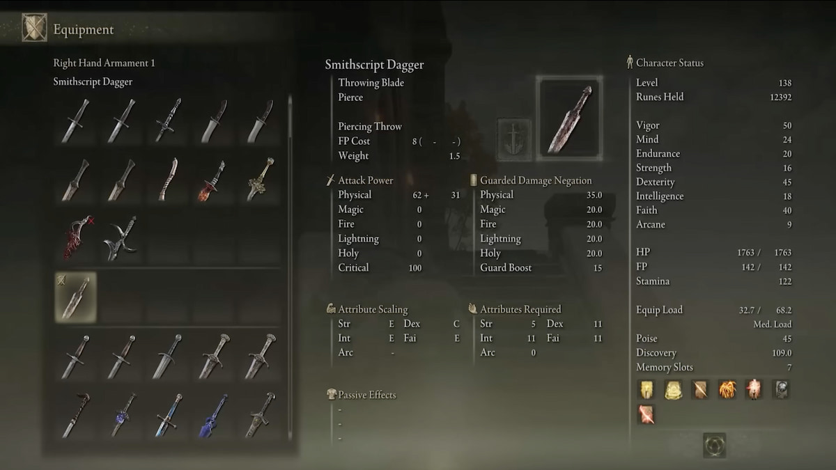 The Smithscript Dagger throwing blade weapon in the Elden Ring inventory