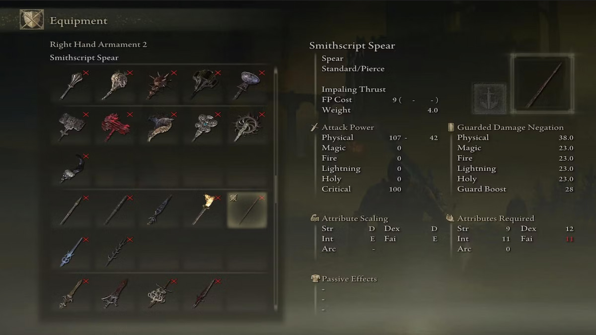 The Smithscript Spear in the player inventory in Elden Ring Shadow of the Erdtree