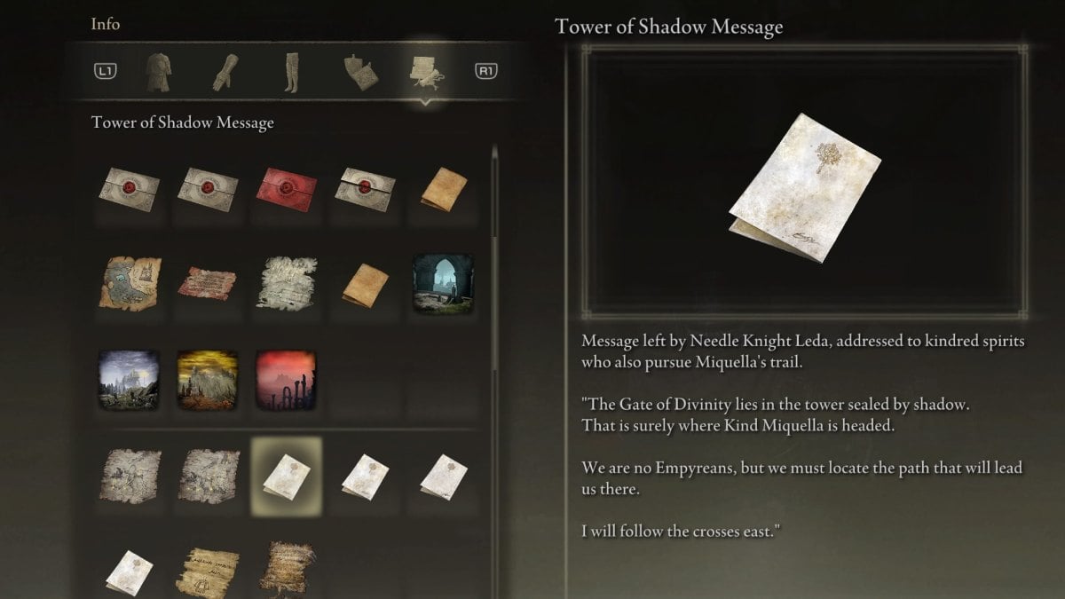 Leda's letter at the entrance to the Tower of Shadow in Elden Ring