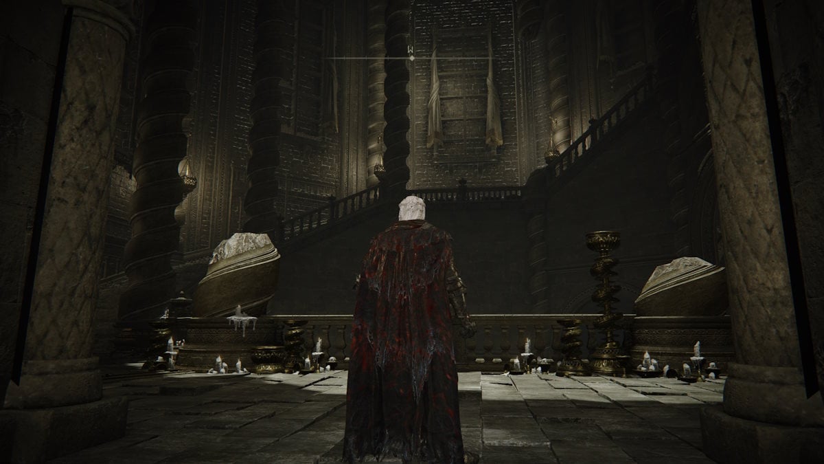 The spiral staircase leading to the boss in the DLC for Elden Ring.