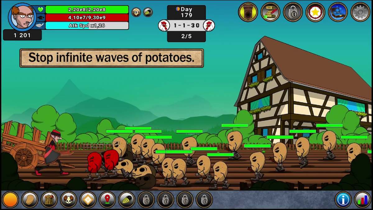 A small horde of potatoes run across farmland to attack a farmer in Farmer Against Potatoes.