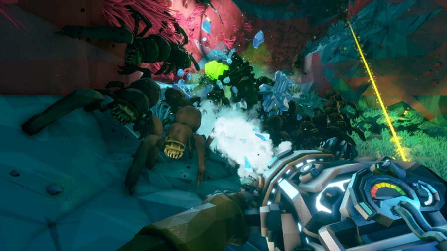 Deep Rock Galactic fighting bugs with weapons