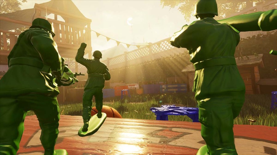 Three army men charging into battle in Hypercharge Unboxed