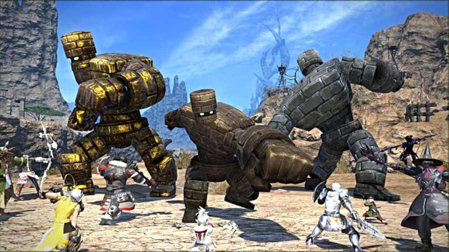 Fighting golems in FFXIV Dragon Quest X collab event