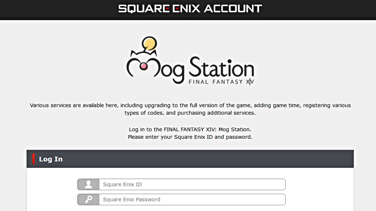 Mog Station login page for Final Fantasy XIV