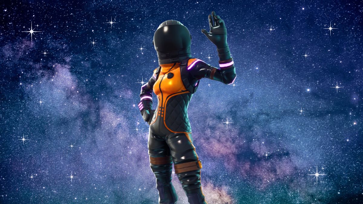 Fortnite Dark Vanguard skin standing in front of the space stars and constellations