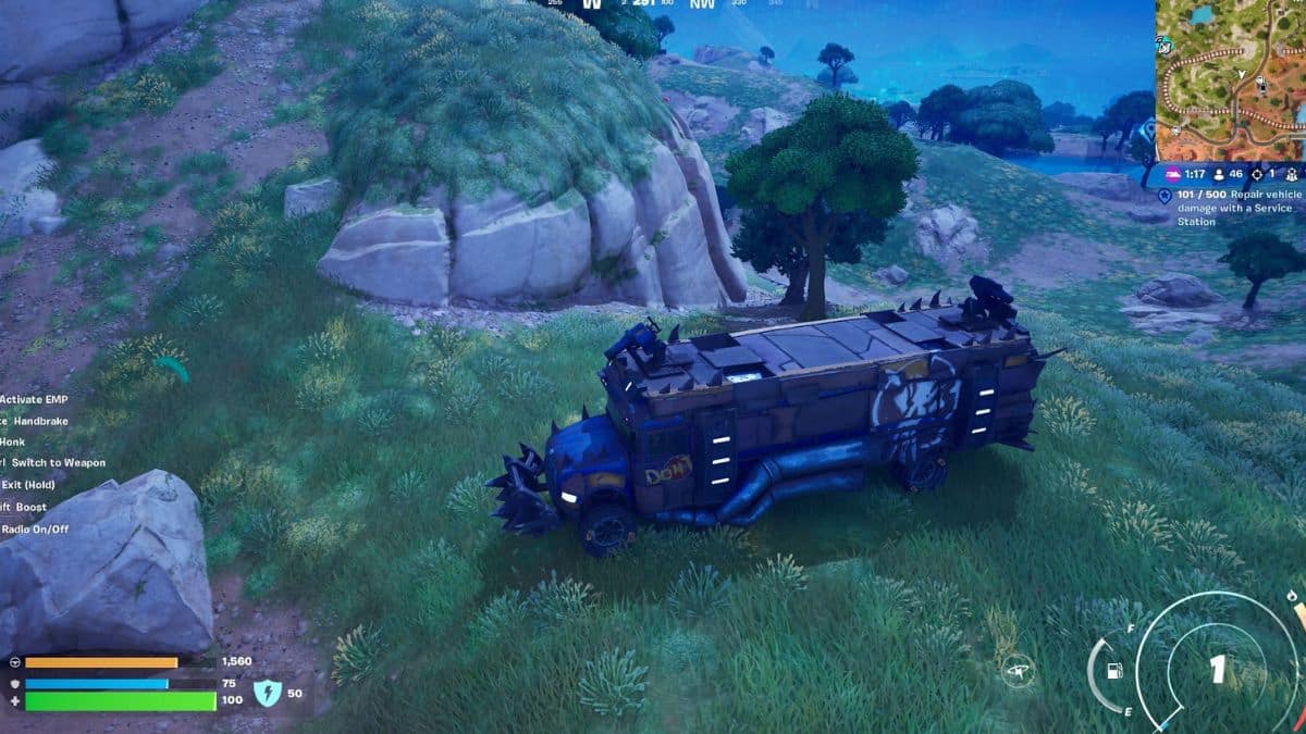 Player driving a Fortnite War Bus vehicle 