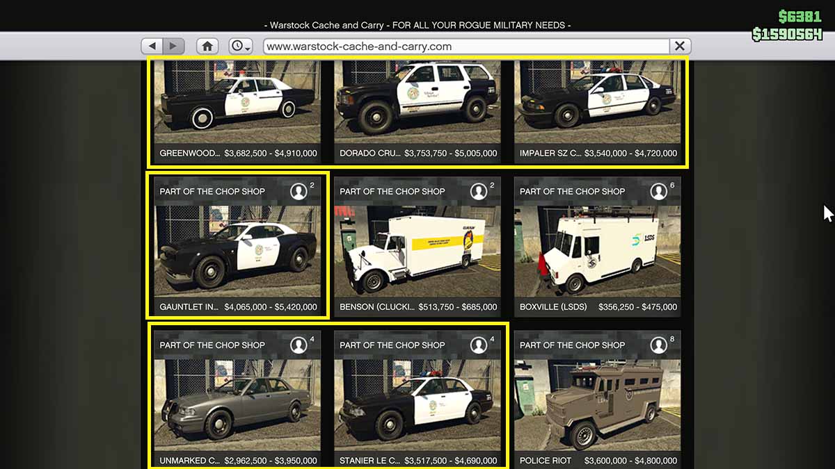 GTA Online police cruisers that allow Dispatch Work missions