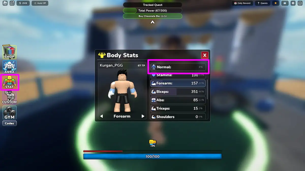 Player's body stats in Gym League Roblox