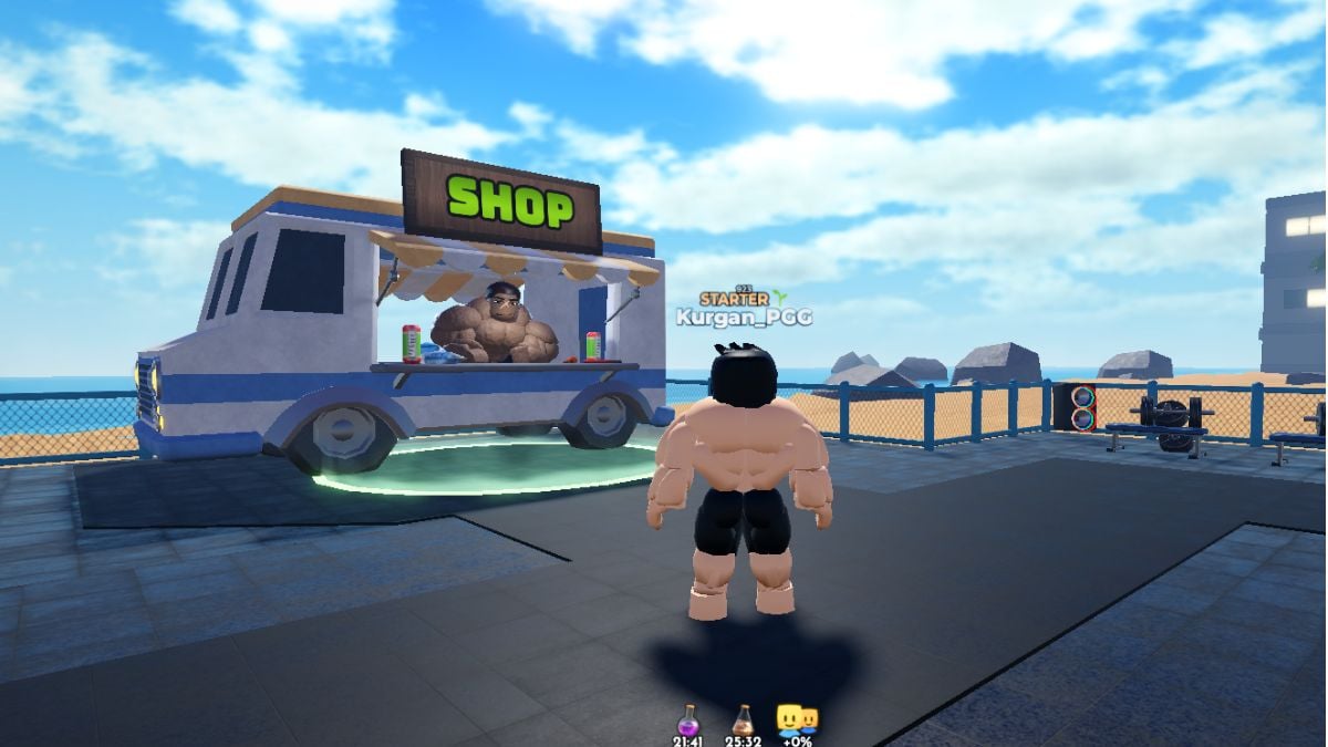 Bodybuilder looking at the gym shop on the beach.