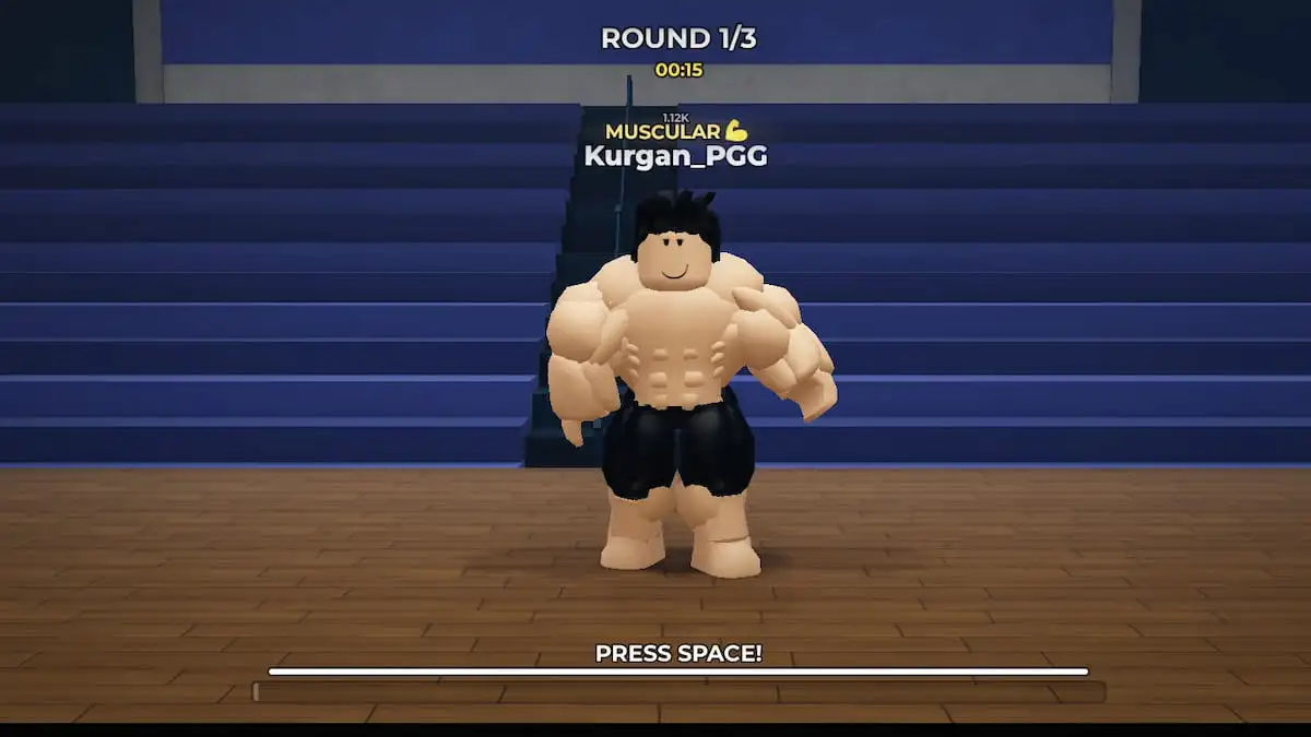 A player competing in a school muscle tournament in Gym League