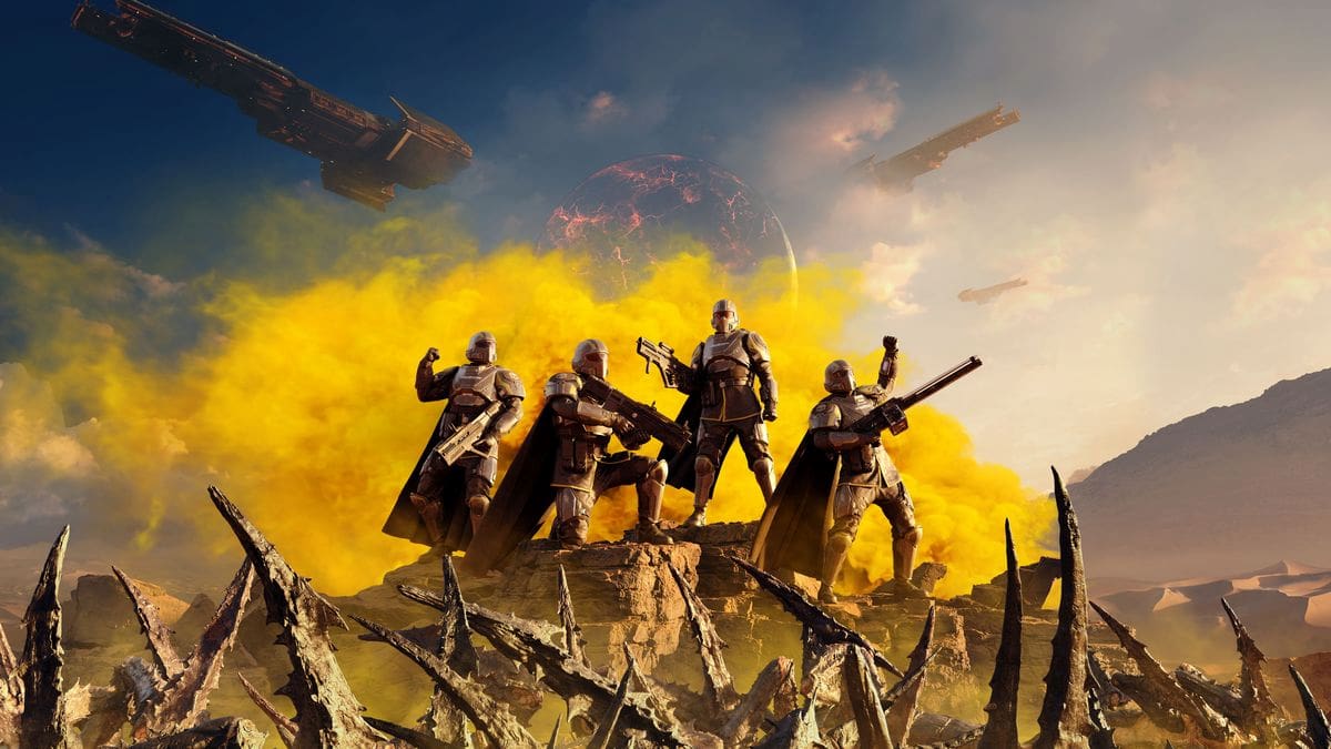 A promotional image for Helldivers 2 showing a group of Helldivers celebrating their victory above a sea of dead Terminids.