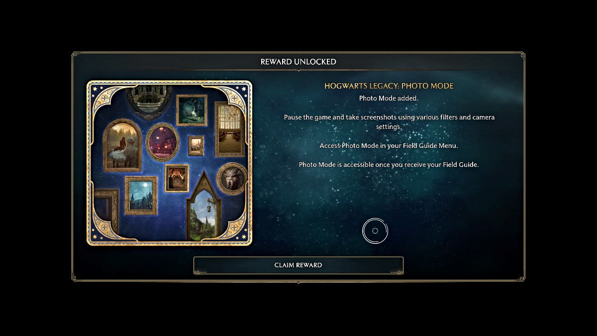 Photo Mode unlock prompt in Hogwarts Legacy