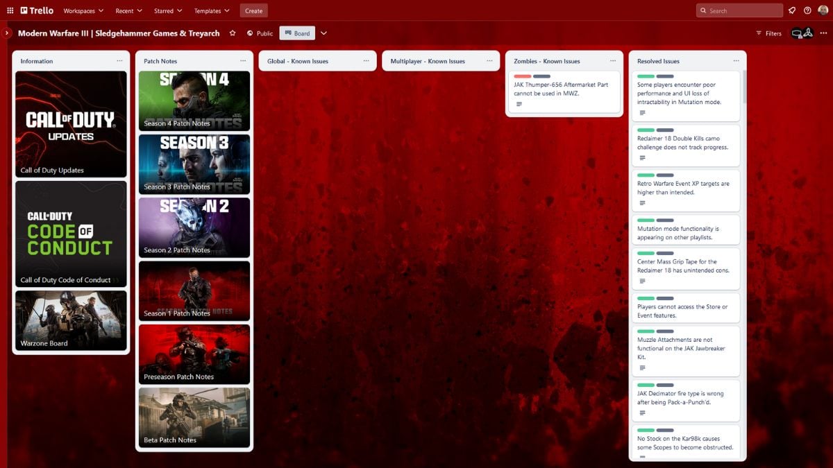 MW3 Trello board showing cards with patch notes and known issues