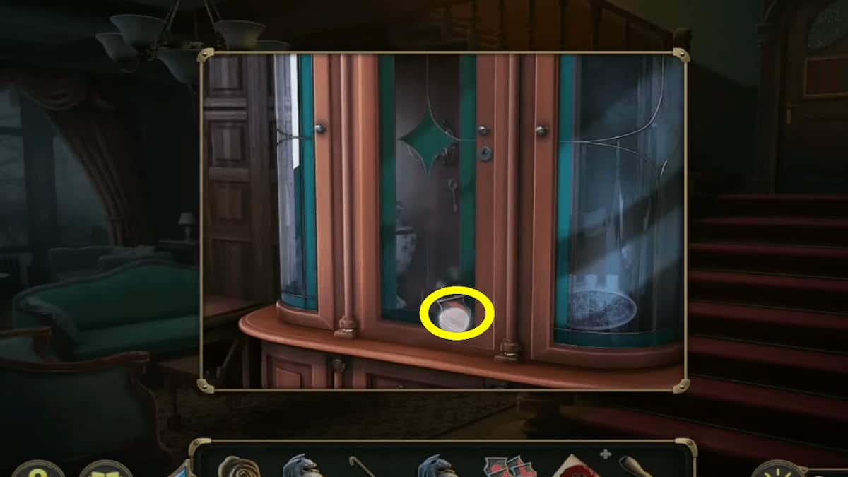 Estate living room china cabinet detail piece in Mystery Detective Adventure