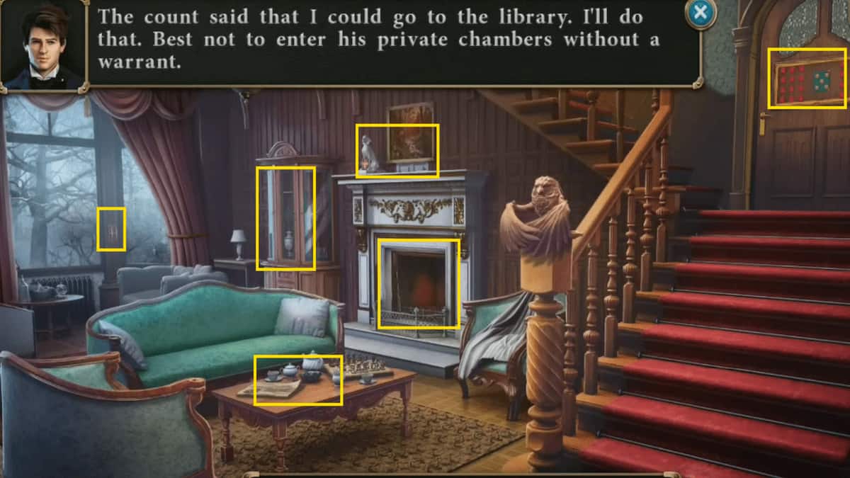 Mystery Detective Adventure estate living room points of interest