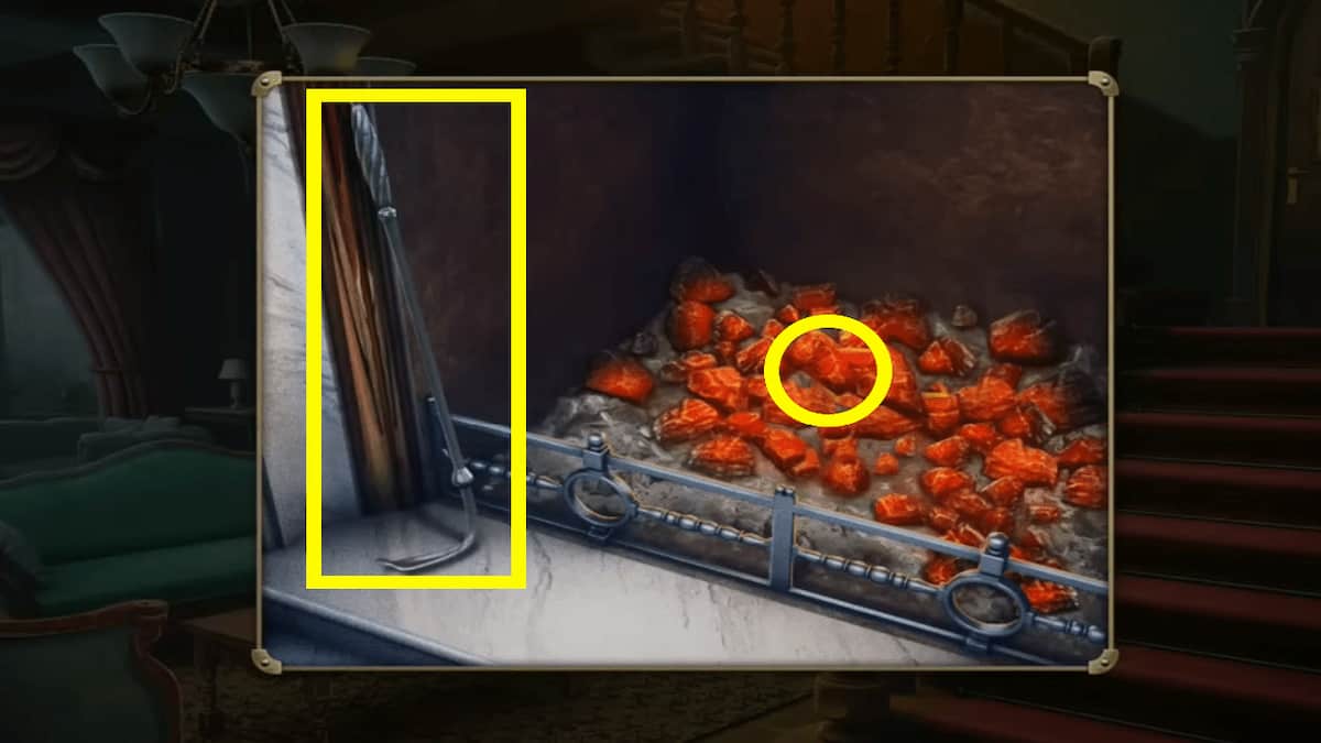 Orange stone and poke in fireplace in Mystery Detective Adventure
