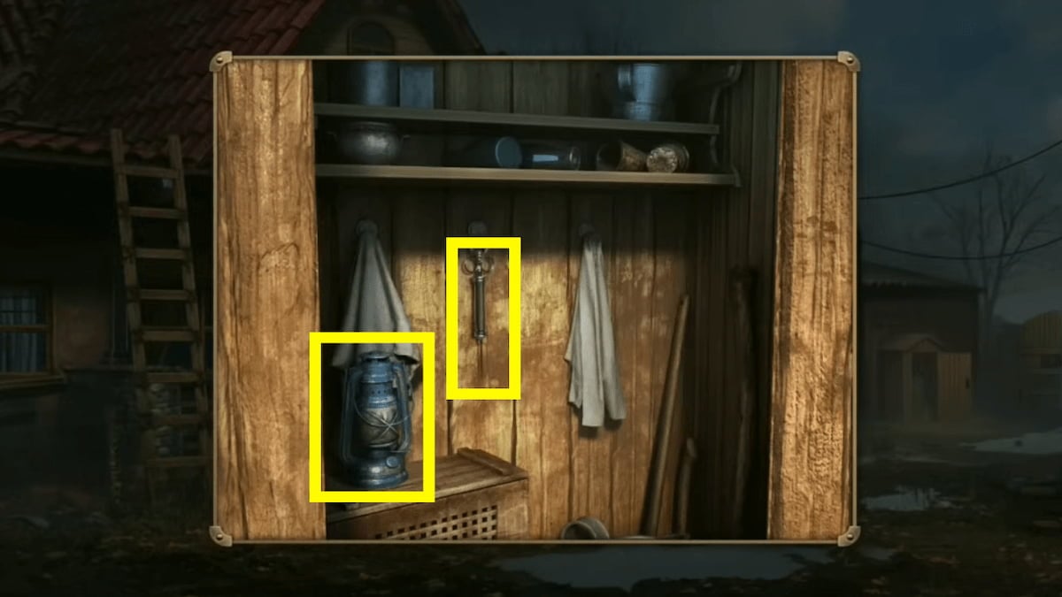 Syringe and lantern in barn shed in Mystery Detective Adventure