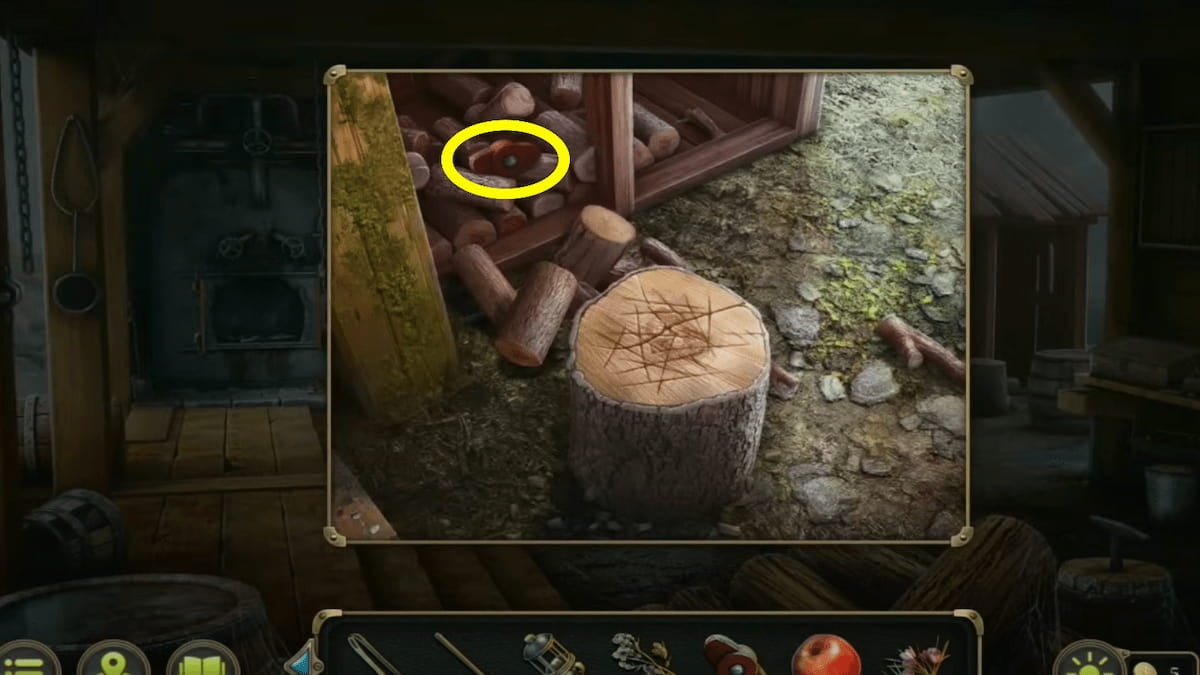 Wood chopping block in sawmill, valve piece location in Mystery Detective Adventure