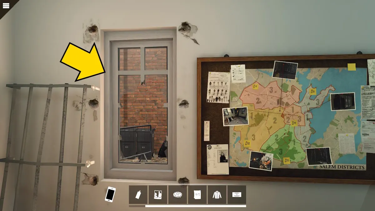 Examining the broken window in the courthouse in Nancy Drew: Midnight in Salem
