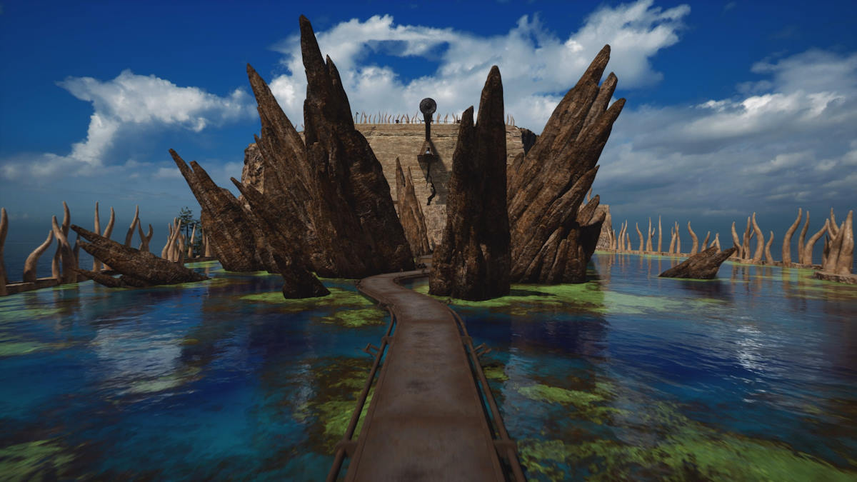 Fortress hidden between rocks surrounded by water in Riven