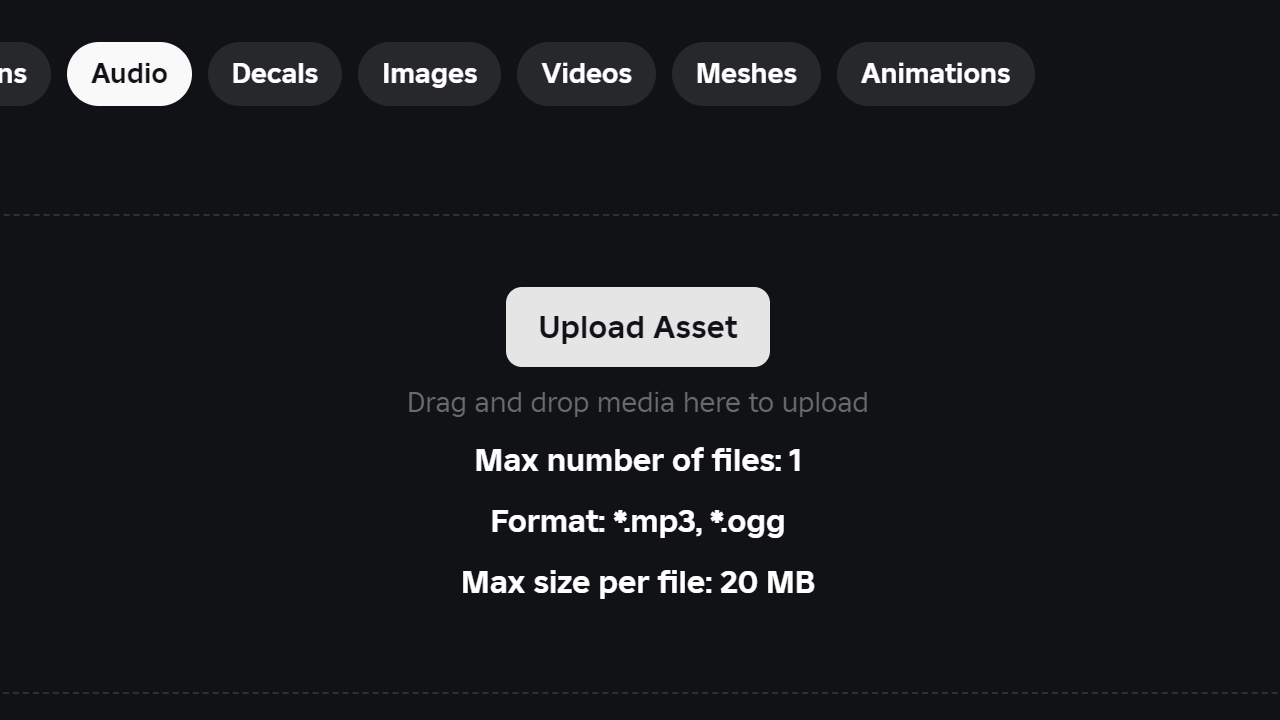 Audio asset upload hub in Roblox