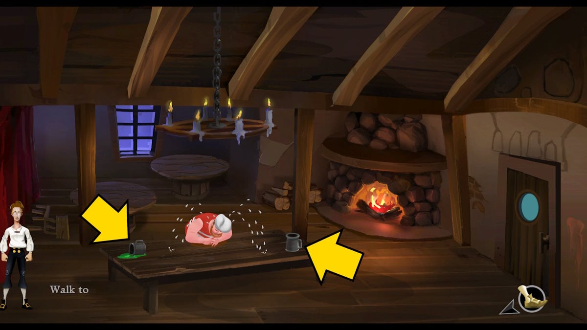 Collecting mugs in the Scumm Bar in The Secret of Monkey Island: Special Edition